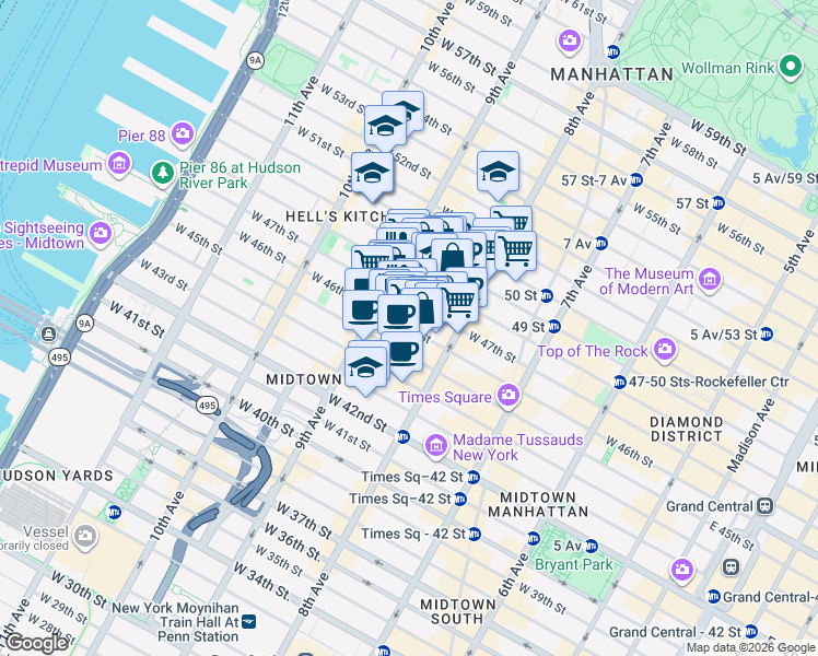 map of restaurants, bars, coffee shops, grocery stores, and more near West 46th Street in New York
