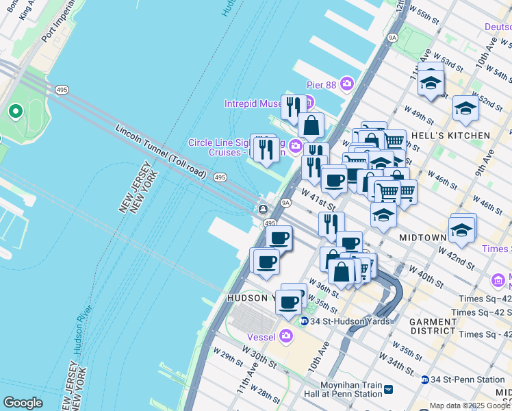 map of restaurants, bars, coffee shops, grocery stores, and more near 12th Avenue in New York