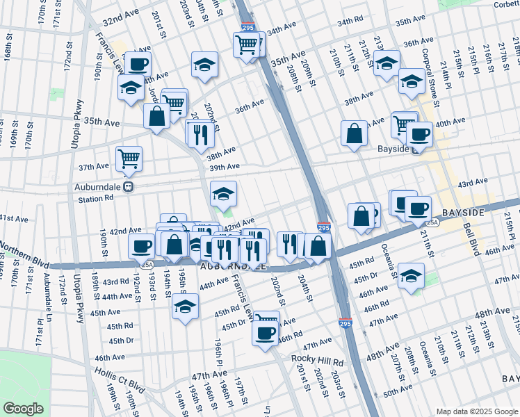 map of restaurants, bars, coffee shops, grocery stores, and more near 202-15 42nd Avenue in Queens