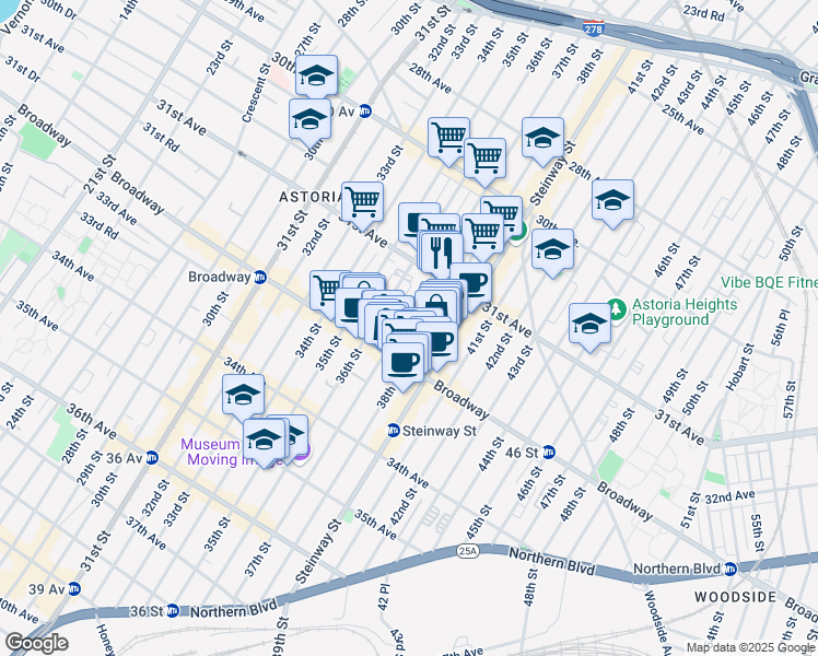 map of restaurants, bars, coffee shops, grocery stores, and more near 31-48 37th Street in Queens