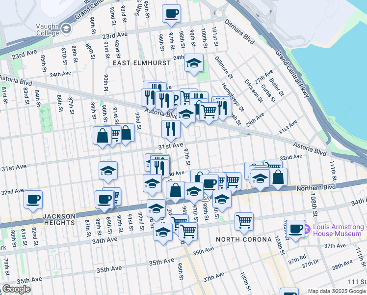map of restaurants, bars, coffee shops, grocery stores, and more near 9509 31st Avenue in Queens