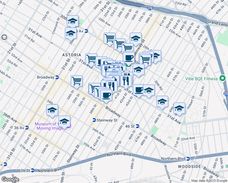 map of restaurants, bars, coffee shops, grocery stores, and more near 3101 Steinway Street in Queens