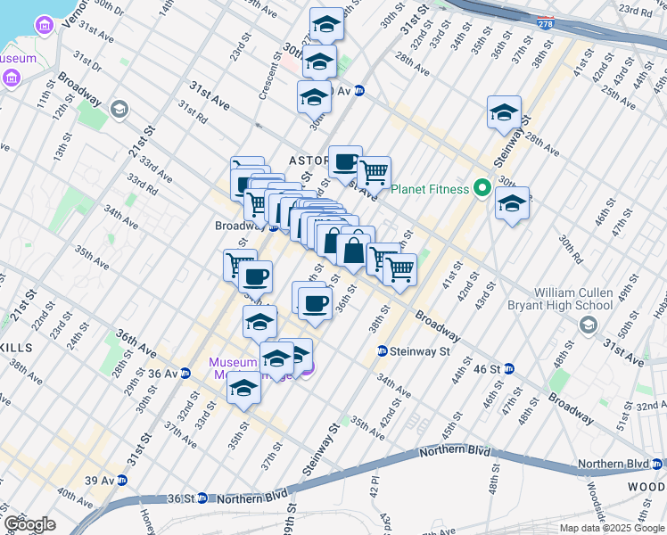 map of restaurants, bars, coffee shops, grocery stores, and more near 34-14 Broadway in Queens
