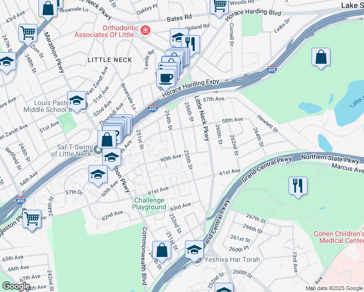 map of restaurants, bars, coffee shops, grocery stores, and more near 58-40 255th Street in Queens