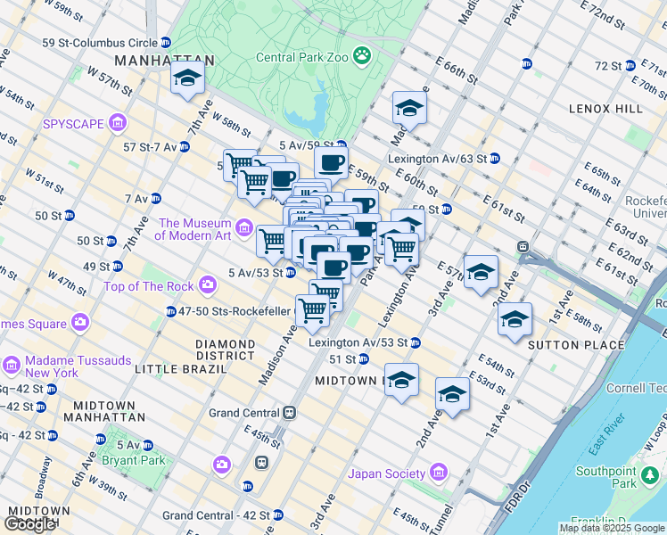 map of restaurants, bars, coffee shops, grocery stores, and more near 535 Madison Avenue in New York
