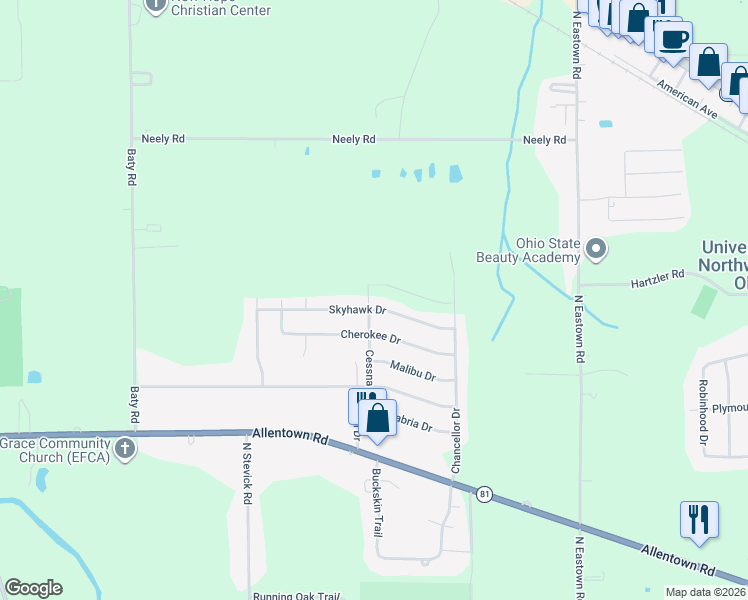 map of restaurants, bars, coffee shops, grocery stores, and more near 1616 Cessna in Lima