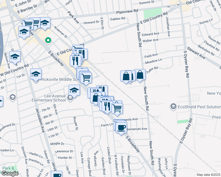 map of restaurants, bars, coffee shops, grocery stores, and more near 1 Alicia Street in Hicksville