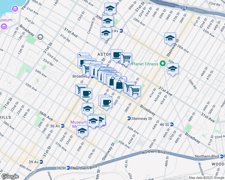 map of restaurants, bars, coffee shops, grocery stores, and more near 3403 Broadway in Queens