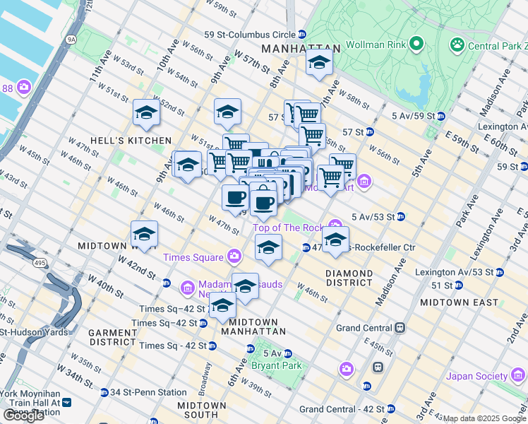 map of restaurants, bars, coffee shops, grocery stores, and more near Times Square in New York