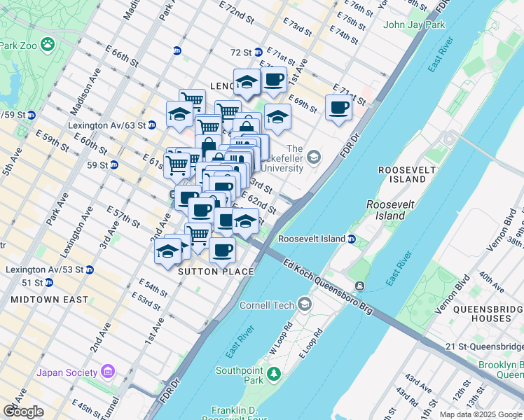 map of restaurants, bars, coffee shops, grocery stores, and more near 425 East 61st Street in New York