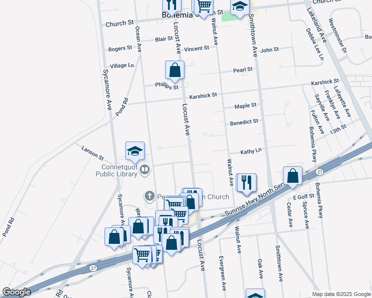 map of restaurants, bars, coffee shops, grocery stores, and more near 4 Brooktree Court in Bohemia
