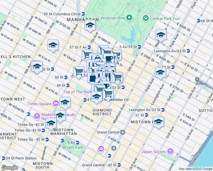 map of restaurants, bars, coffee shops, grocery stores, and more near 51 West 52nd Street in New York