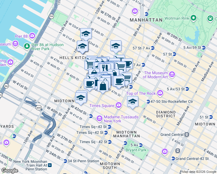 map of restaurants, bars, coffee shops, grocery stores, and more near 271 West 47th Street in New York