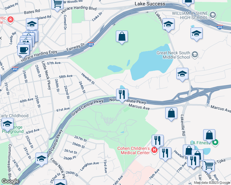 map of restaurants, bars, coffee shops, grocery stores, and more near 1 Lake Road West in Great Neck