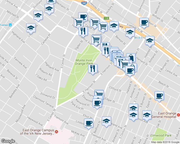 map of restaurants, bars, coffee shops, grocery stores, and more near 182 Parkview Terrace in City of Orange