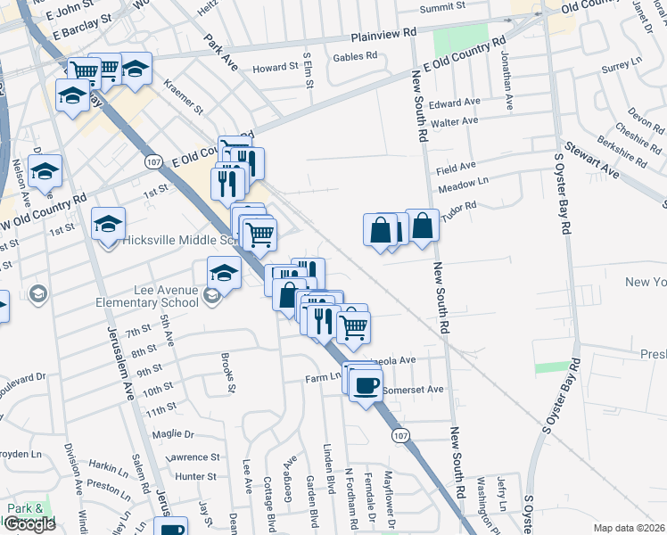 map of restaurants, bars, coffee shops, grocery stores, and more near 1 Alicia Street in Hicksville