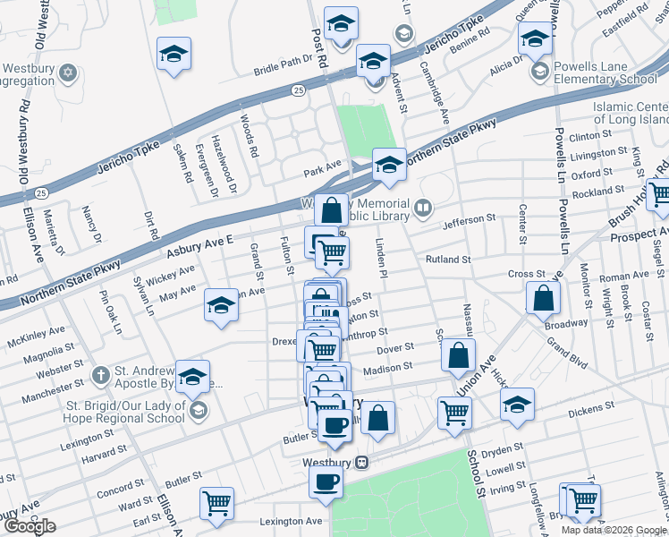 map of restaurants, bars, coffee shops, grocery stores, and more near 342 Post Avenue in Westbury