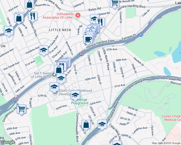map of restaurants, bars, coffee shops, grocery stores, and more near 58-16 254th Street in Queens