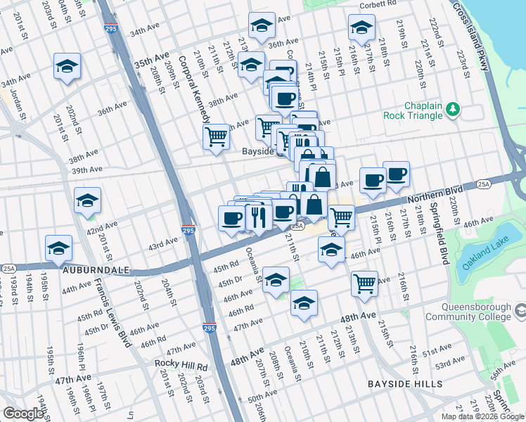 map of restaurants, bars, coffee shops, grocery stores, and more near 210-1 43rd Avenue in Queens