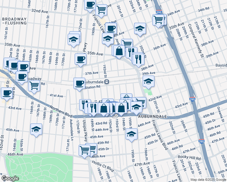 map of restaurants, bars, coffee shops, grocery stores, and more near in Queens