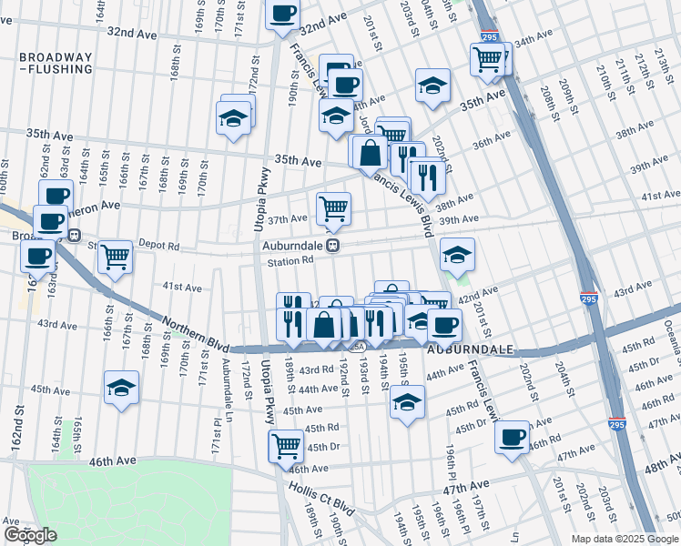 map of restaurants, bars, coffee shops, grocery stores, and more near in Queens