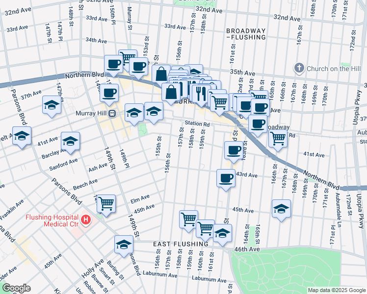 map of restaurants, bars, coffee shops, grocery stores, and more near 156-12 Sanford Avenue in Queens