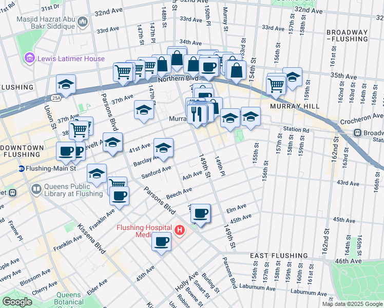 map of restaurants, bars, coffee shops, grocery stores, and more near 147-31 Barclay Avenue in Queens