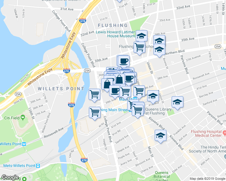 map of restaurants, bars, coffee shops, grocery stores, and more near 135-15 37th Avenue in Queens