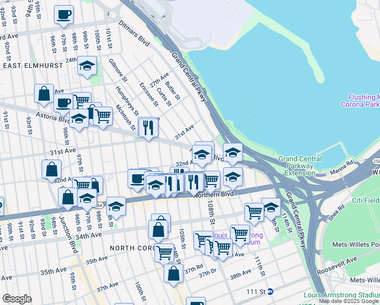 map of restaurants, bars, coffee shops, grocery stores, and more near 31-20 Couch Place in Queens