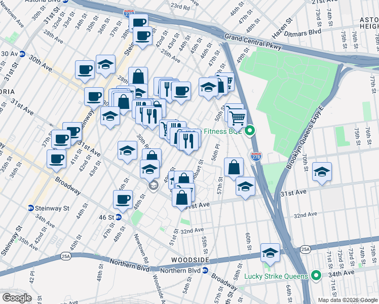 map of restaurants, bars, coffee shops, grocery stores, and more near 48-11 30th Avenue in Queens