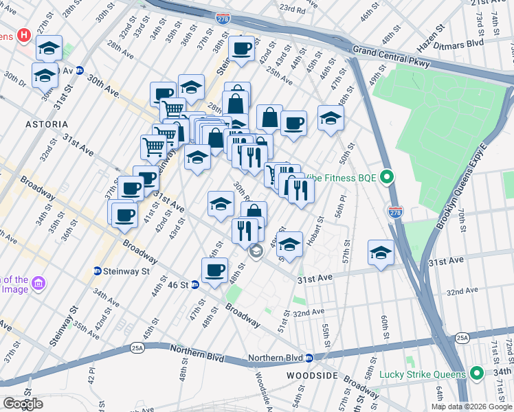 map of restaurants, bars, coffee shops, grocery stores, and more near 30-26 46th Street in Queens