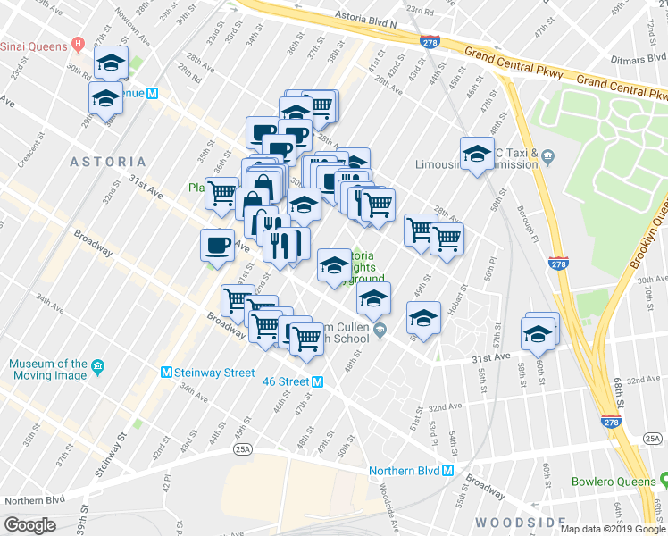 map of restaurants, bars, coffee shops, grocery stores, and more near 30-49 44th Street in Queens