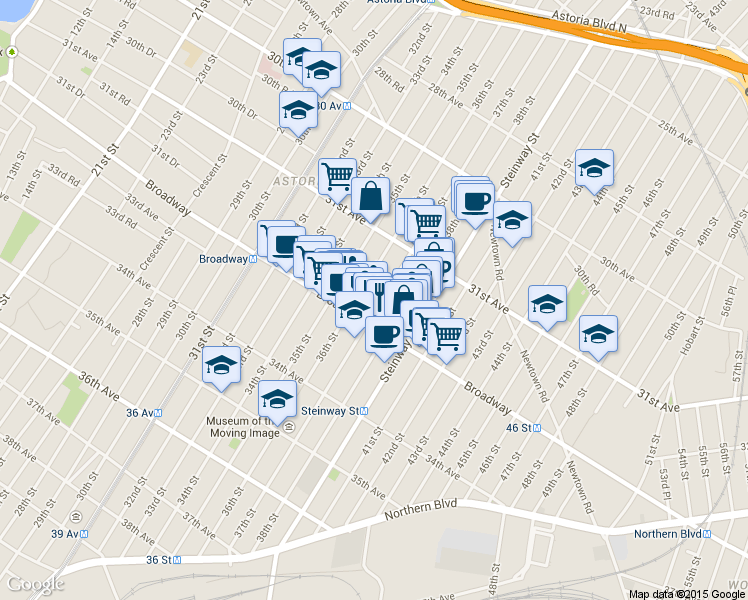 map of restaurants, bars, coffee shops, grocery stores, and more near 31-48 37th Street in Queens