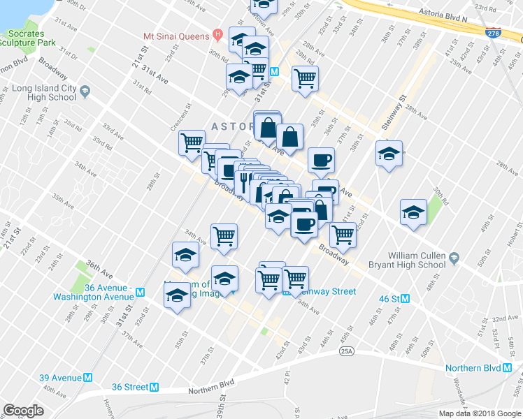 map of restaurants, bars, coffee shops, grocery stores, and more near 31-69 35th Street in Queens