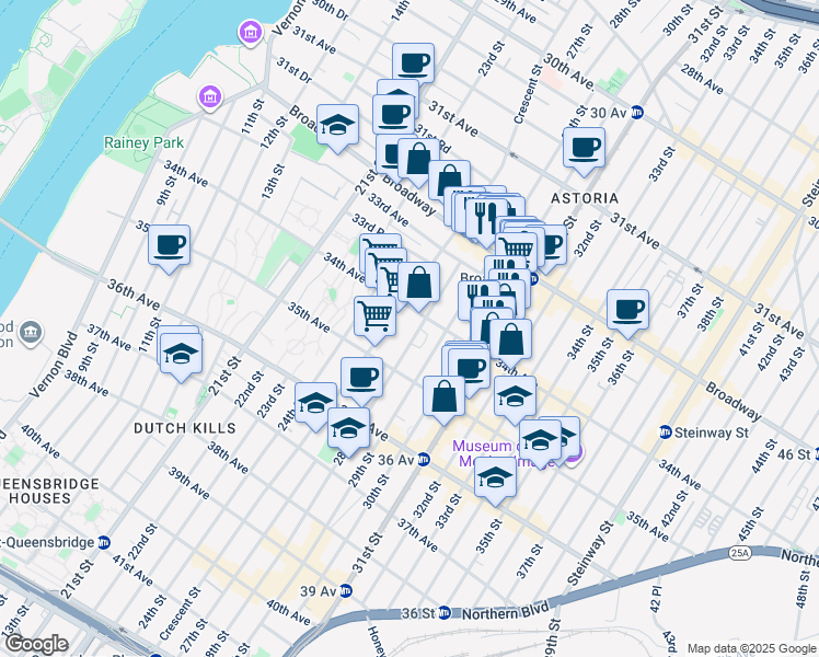 map of restaurants, bars, coffee shops, grocery stores, and more near 33-52 Crescent Street in Queens