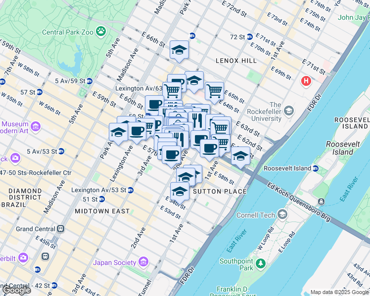 map of restaurants, bars, coffee shops, grocery stores, and more near 250 East 59th Street in New York