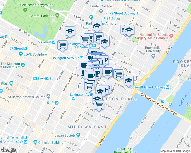 map of restaurants, bars, coffee shops, grocery stores, and more near 250 East 59th Street in New York