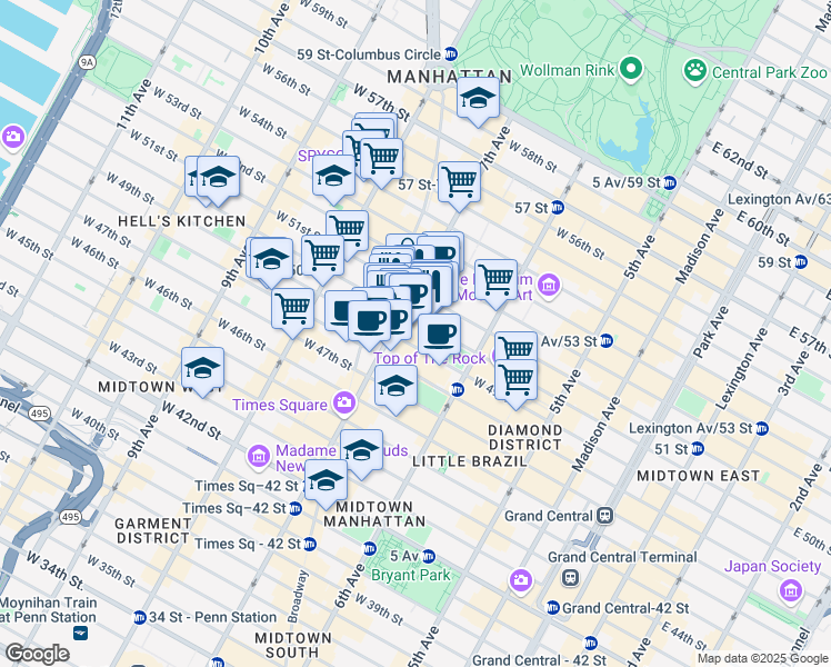 map of restaurants, bars, coffee shops, grocery stores, and more near 758-760 7th Avenue in New York