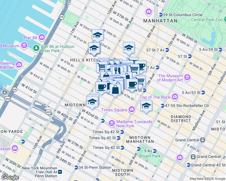 map of restaurants, bars, coffee shops, grocery stores, and more near in New York