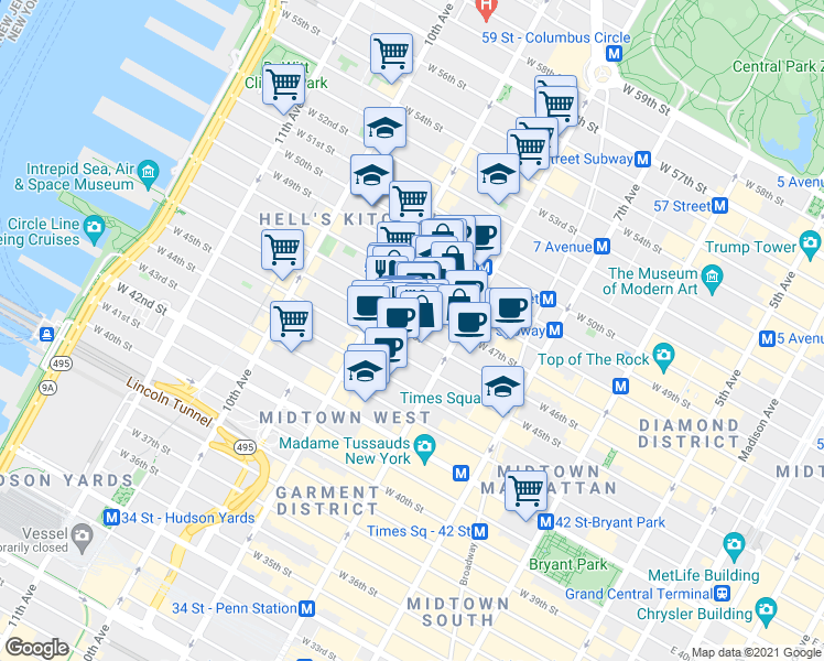 map of restaurants, bars, coffee shops, grocery stores, and more near 343 West 47th Street in New York