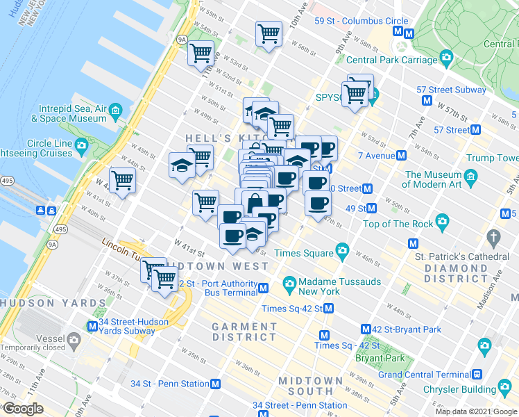 map of restaurants, bars, coffee shops, grocery stores, and more near in New York
