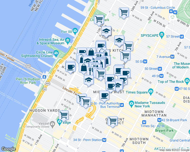 map of restaurants, bars, coffee shops, grocery stores, and more near 500 West 44th Street in New York