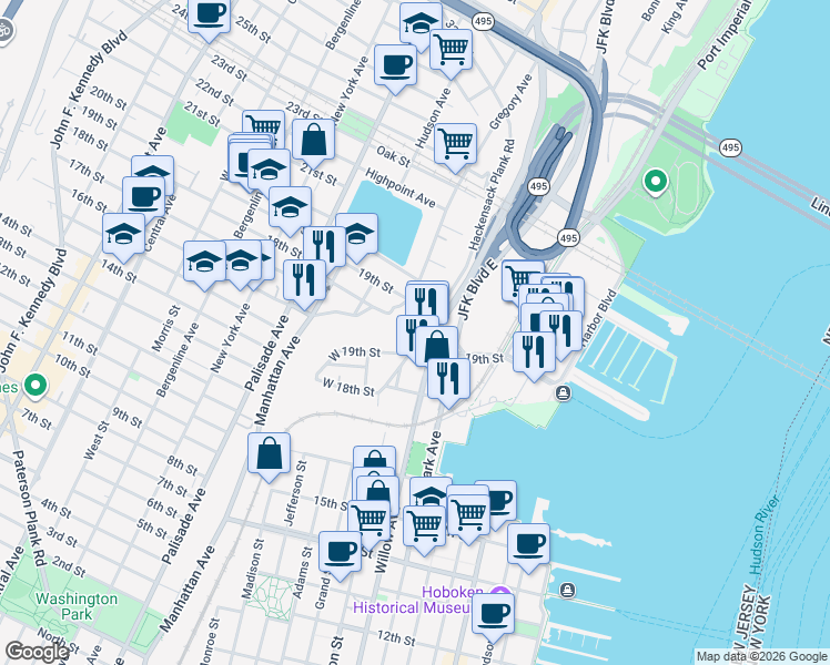 map of restaurants, bars, coffee shops, grocery stores, and more near 53 Hackensack Avenue in Weehawken