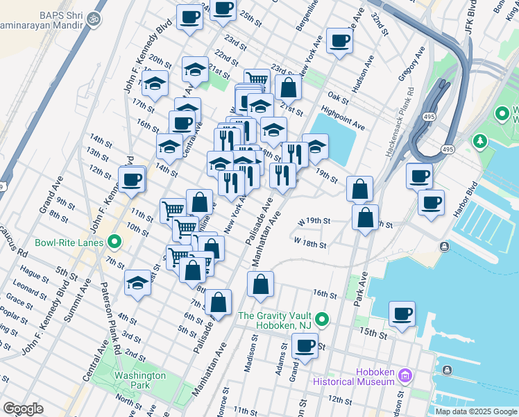 map of restaurants, bars, coffee shops, grocery stores, and more near 308 15th Street in Union City