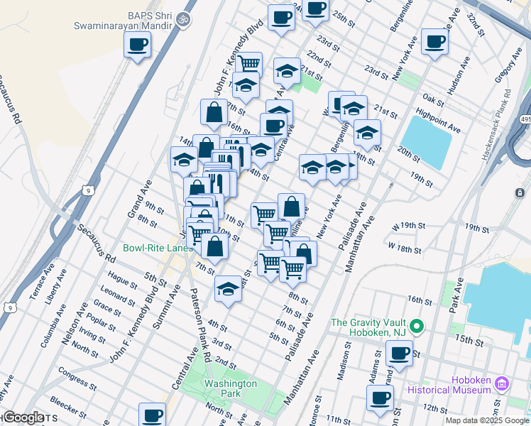 map of restaurants, bars, coffee shops, grocery stores, and more near 1215 Central Avenue in Union City