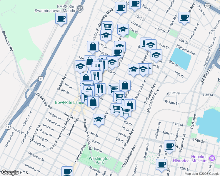 map of restaurants, bars, coffee shops, grocery stores, and more near 1215 Central Avenue in Union City