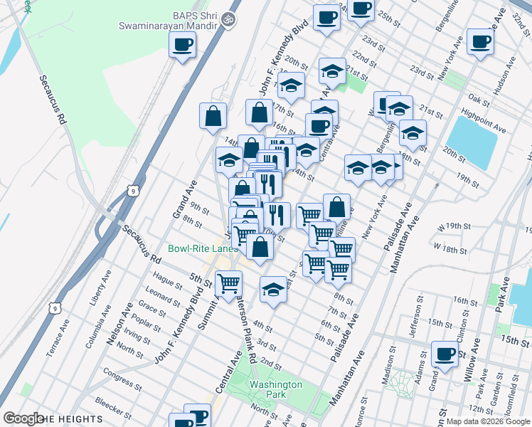 map of restaurants, bars, coffee shops, grocery stores, and more near 1215 Summit Avenue in Union City