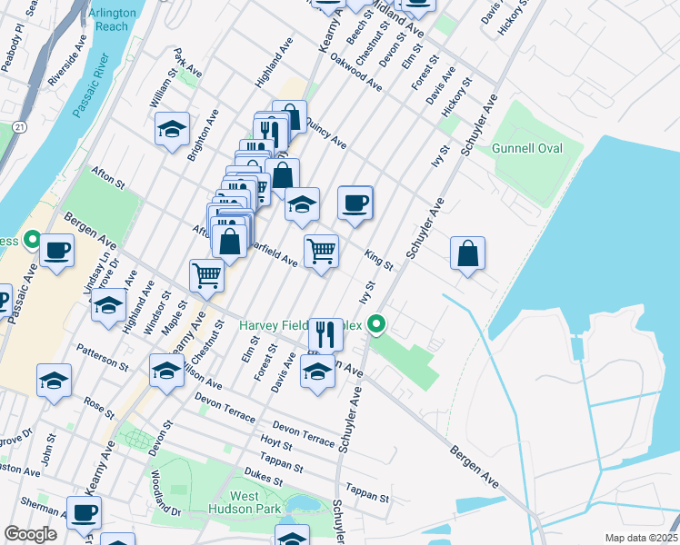 map of restaurants, bars, coffee shops, grocery stores, and more near 236 Davis Avenue in Kearny