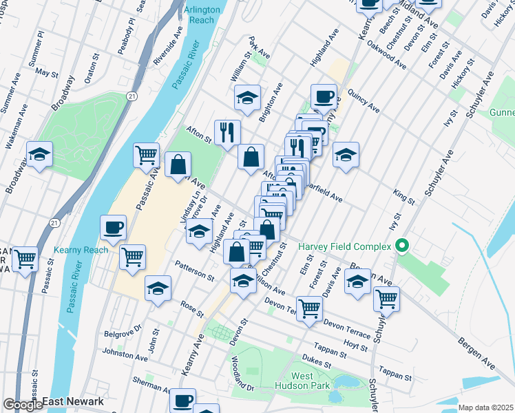 map of restaurants, bars, coffee shops, grocery stores, and more near 92 Windsor Street in Kearny
