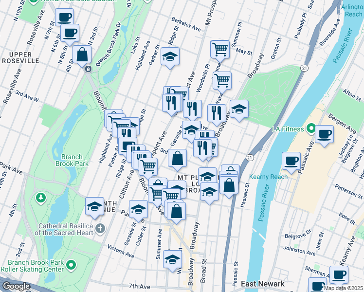 map of restaurants, bars, coffee shops, grocery stores, and more near 278 1/2 Garside Street in Newark